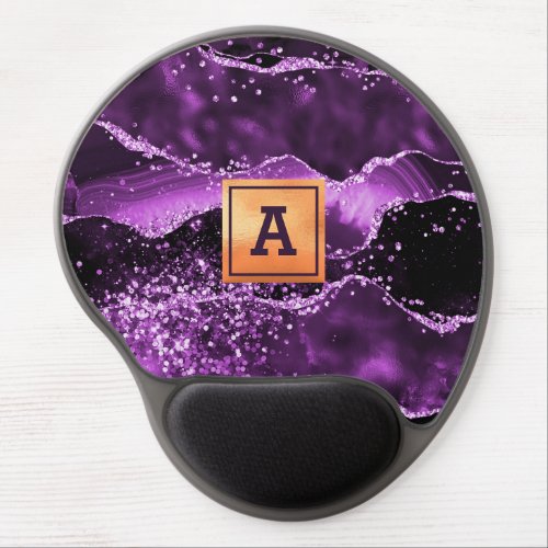 Purple glitter pink agate marble gold monogram gel mouse pad