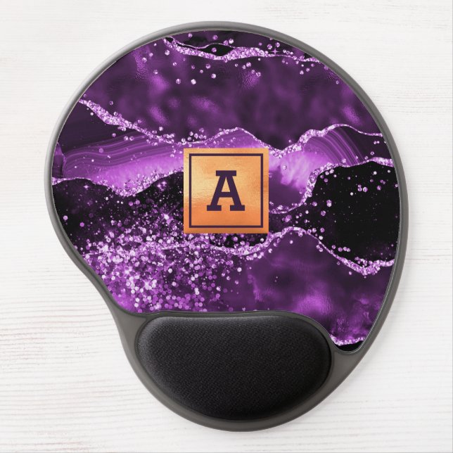 Purple glitter pink agate marble gold monogram gel mouse pad (Front)