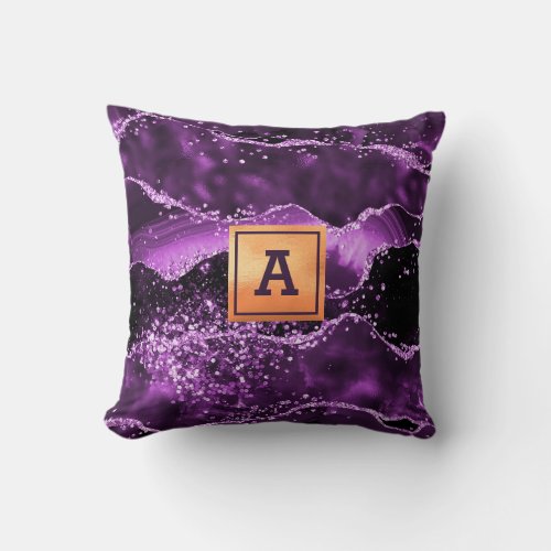 Purple glitter pink agate marble gold monogram throw pillow