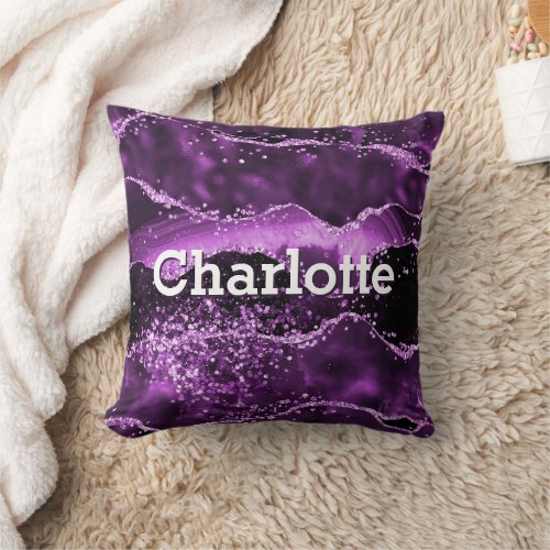 Purple glitter pink agate marble gold monogram throw pillow