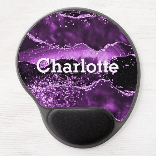 Purple glitter pink agate marble monogram name gel mouse pad
