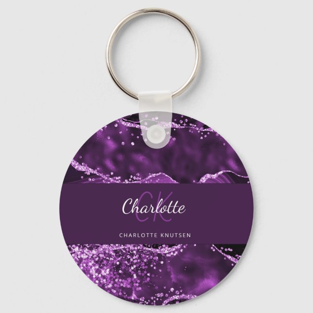 Purple glitter pink agate marble monogram name keychain (Front)