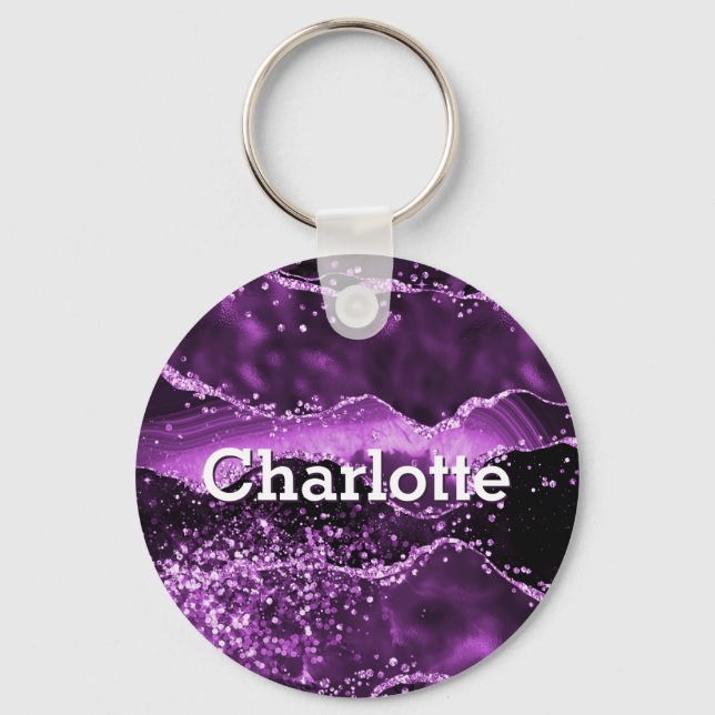 Purple glitter pink agate marble name keychain (Front)