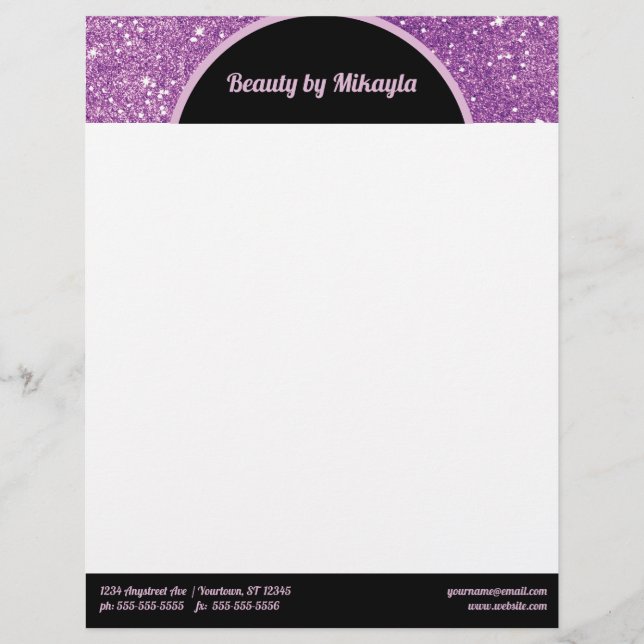 Purple Glitter Pink and Black Beauty Style Salon Letterhead (Front)