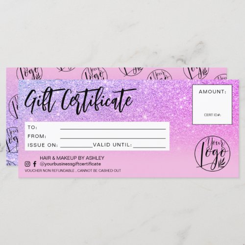 Purple glitter pink chic gift certificate logo