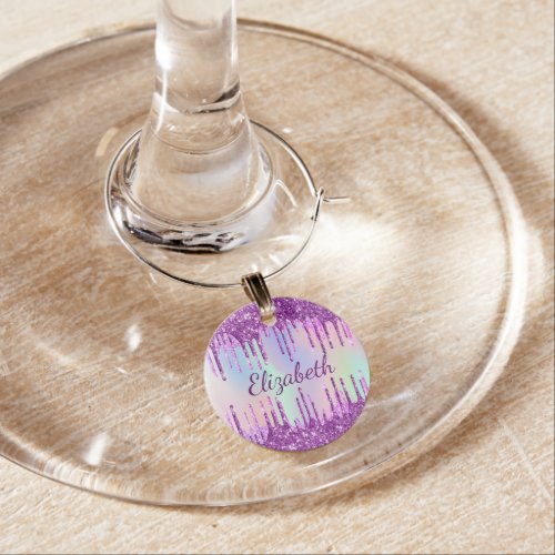 Purple glitter pink custom holographic name tag  wine charm