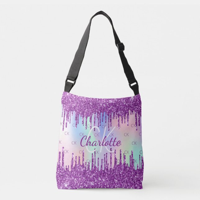 Purple glitter pink holographic custom monogram crossbody bag (Front)