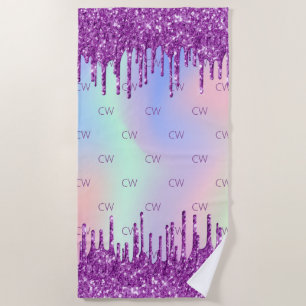 Purple glitter pink holographic monogram beach towel