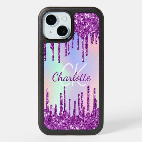 Purple glitter pink holographic monogram name iPhone 15 case