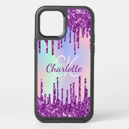 Purple glitter pink holographic monogram name OtterBox symmetry iPhone 12 case