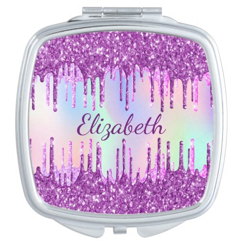 Purple glitter pink holographic name compact mirror