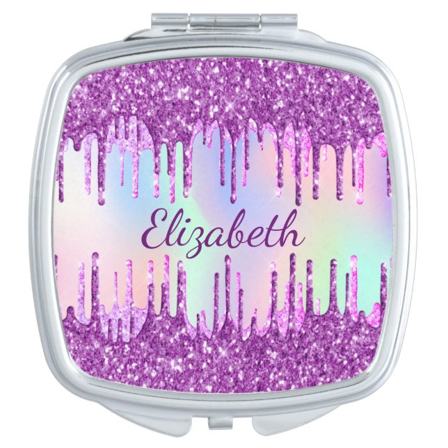 Purple glitter pink holographic name compact mirror (Front)