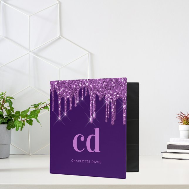 Purple glitter pink monogram custom school  3 ring binder (Creator Uploaded)