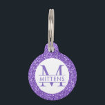 Purple Glitter Pink Sparkle Pretty Girly Pet ID Tag<br><div class="desc">Purple glitter printed background with custom cat or dog name and initial. Type in your personalized text for a girly,  sparkly pet ID collar charm. See our collection of coordinating bowls and get a set!</div>