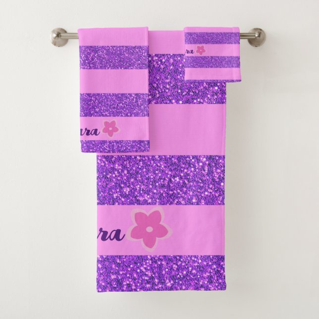 Purple Glitter Pink Stripes & Flowers Custom Kid's Bath Towel Set (Insitu)