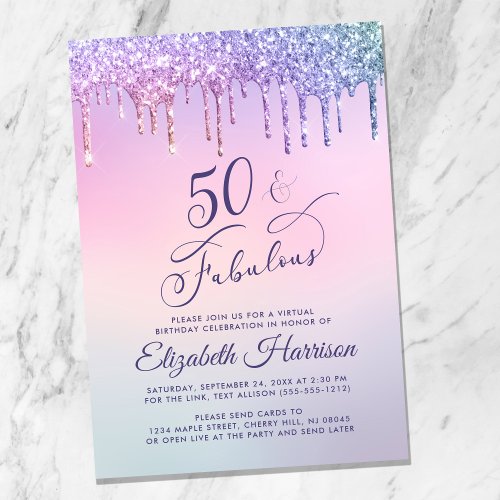 Purple Glitter Pink Virtual 50th Birthday Party Invitation