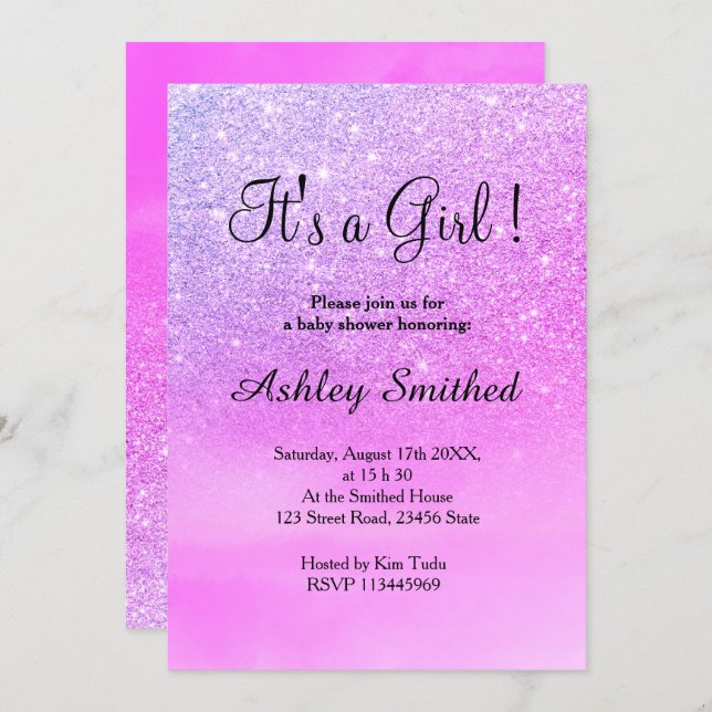 Purple glitter pink watercolor girl baby shower invitation (Front/Back)