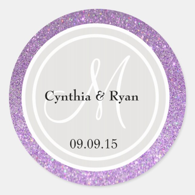 Purple Glitter & Platinum Gray Wedding Monogram Classic Round Sticker (Front)