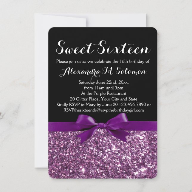 Purple Glitter Print Bow Sweet 16 Party Invitation (Front)