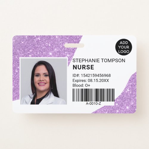 Purple glitter professional nurse photo logo code badge