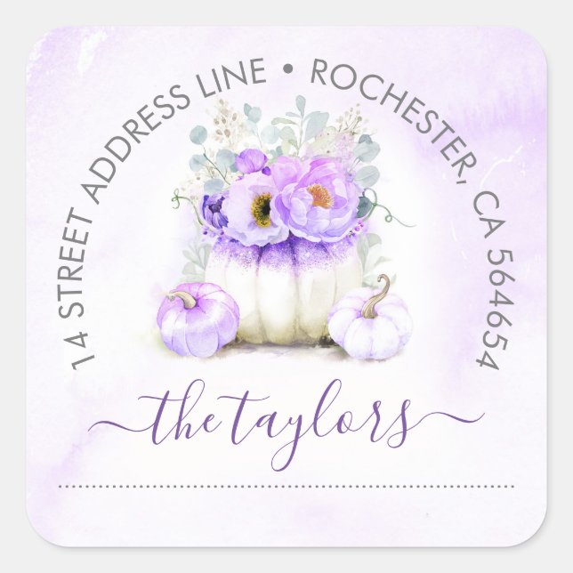 Purple Glitter Pumpkin Fall Party Address Square Sticker (Front)