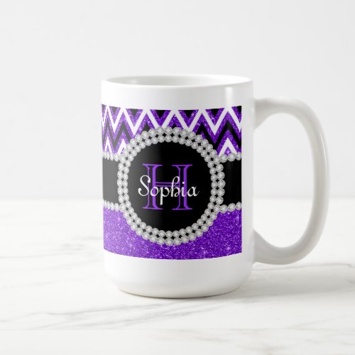 Purple Glitter Purple Chevron Monogram Coffee Mug