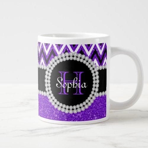 Purple Glitter Purple Chevron Monogram Jumbo Mug