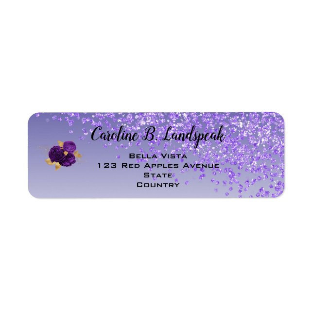 Purple Glitter, Purple & Gold Roses Sweet 16 Label (Front)