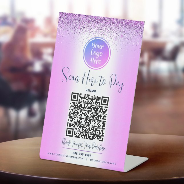 Purple Glitter QR Code Custom Logo Scan Pay Here Pedestal Sign (Creator Uploaded)