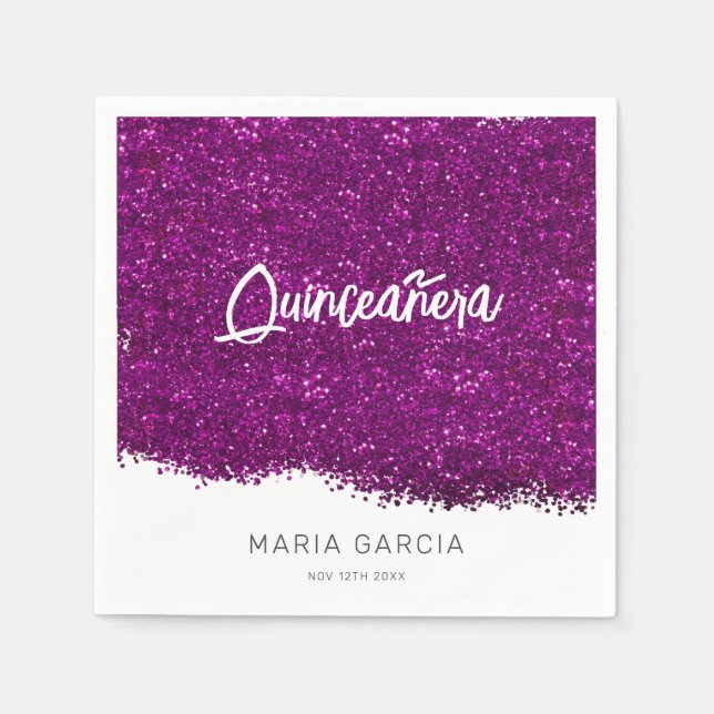 Purple Glitter Quinceañera Custom Name Napkins (Front)
