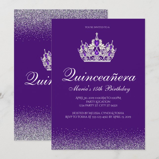 Purple Glitter Quinceanera Invitations (Front/Back)