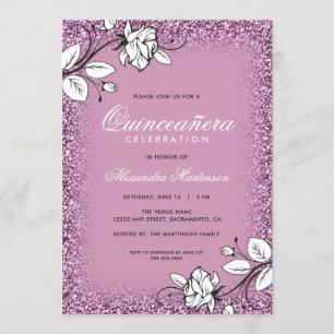 Purple Glitter Quinceanera White Roses Invitation