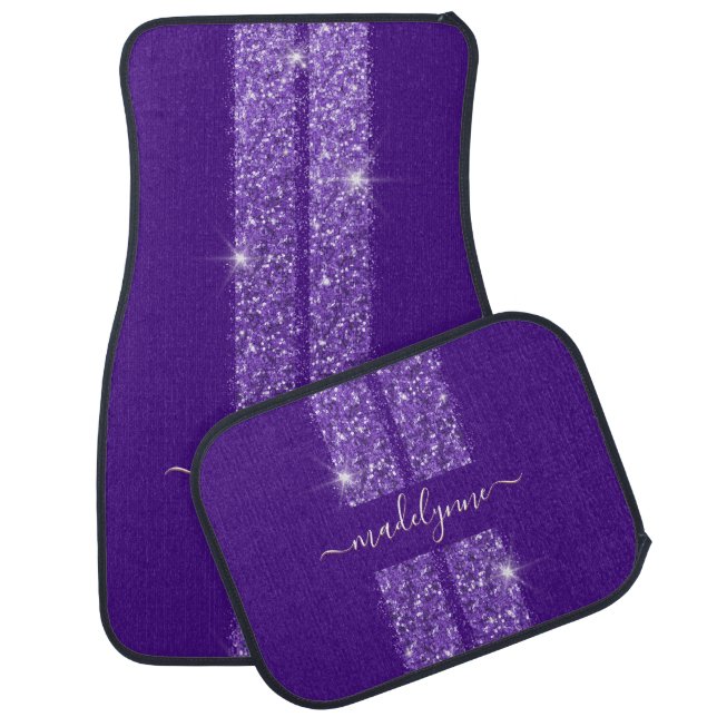 Purple Glitter Racing Stripe Name Personalized Car Floor Mat (Set)