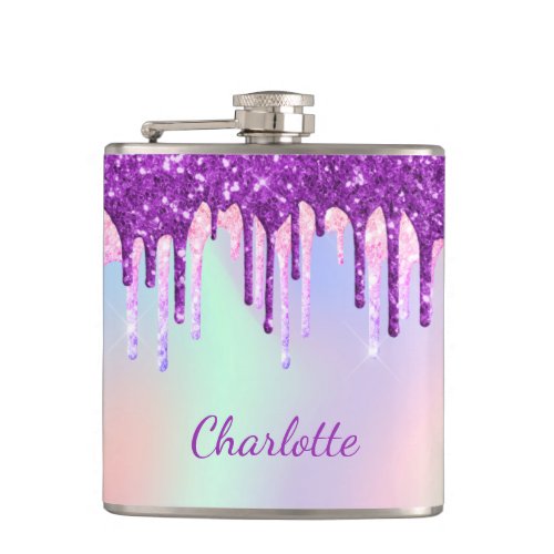 Purple glitter rainbow holographic custom monogram flask