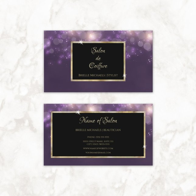 Purple Glitter Salon Business Card (Elegant Purple Bokeh Salon Black and Gold Frame Business Cards)