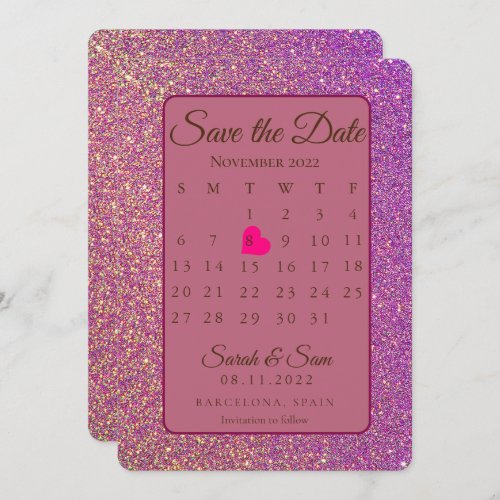 Purple Glitter Save The Date Calendar Wedding Invitation