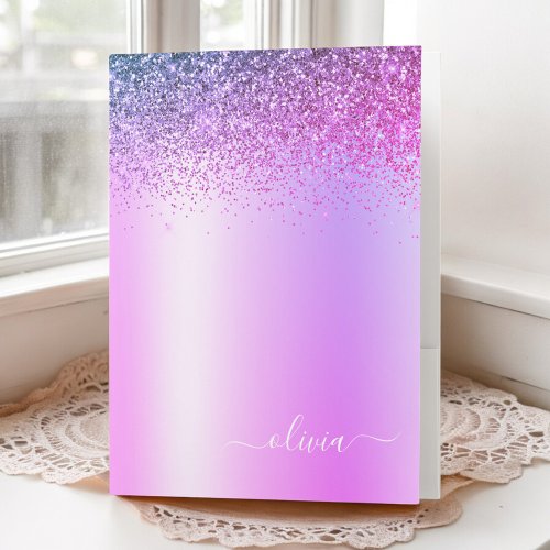 Purple Glitter Script Monogram Girly Pocket Folder