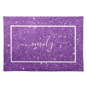 Purple glitter Script Name Cloth Placemat