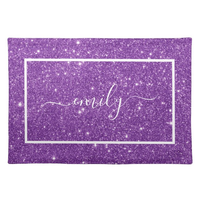 Purple glitter Script Name Cloth Placemat (Front)