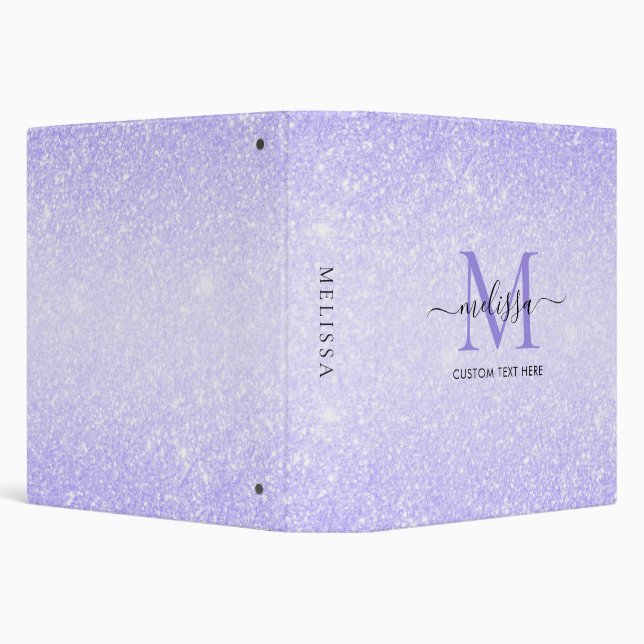Purple Glitter Script Name Monogram 3 Ring Binder (Background)