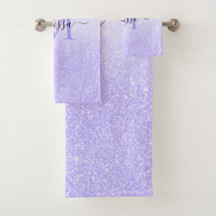 Purple Glitter Script Name Monogram Bath Towel Set