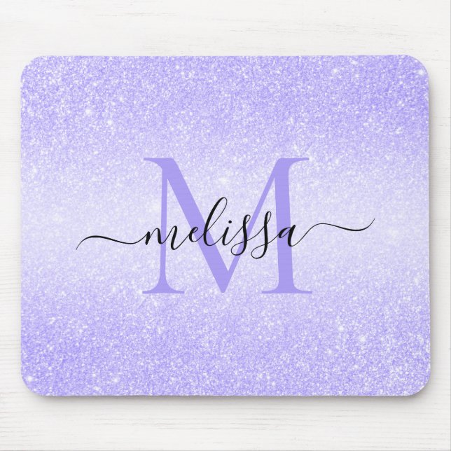 Purple Glitter Script Name Monogram Mouse Pad (Front)