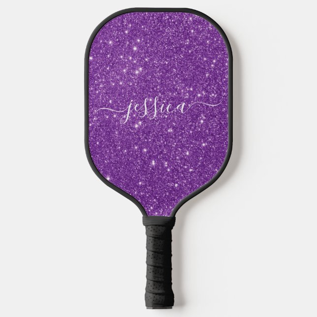 Purple glitter script name pickleball paddle (Front)