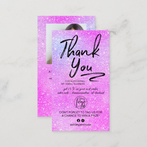 Purple glitter script photo logo order thank you business card