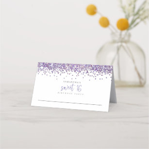Purple Glitter Script Sweet 16 Birthday Place Card