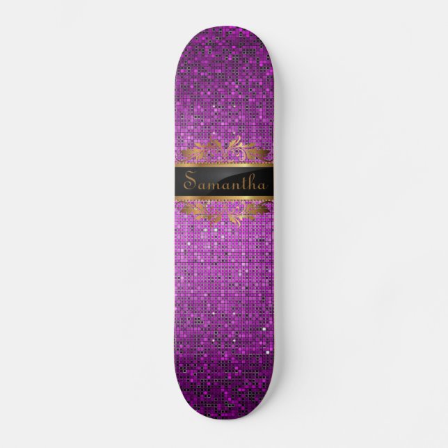 Purple Glitter Sequin Disco Glitz Comp Skateboard Deck (Front)