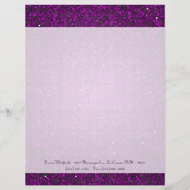 Purple Glitter Sequin Disco Letterhead Stationery (Front)