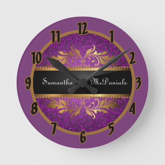 Purple Glitter Sequin Disco Personalized Clock (Front)