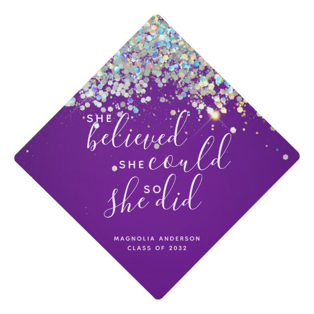 Purple Glitter She Believed She Could Graduation Cap Topper (Front)