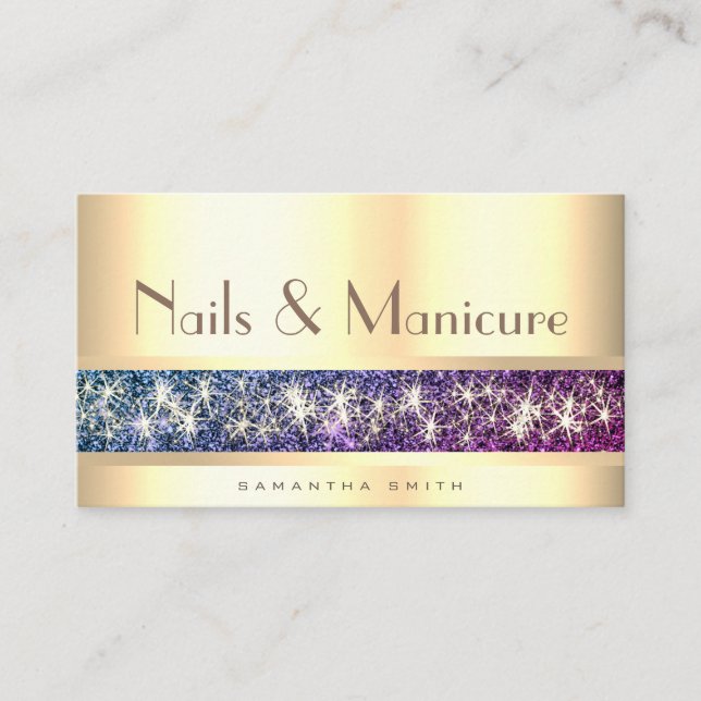 Purple Glitter Shimmer Event Planner Gold Nail Business Card (Front)